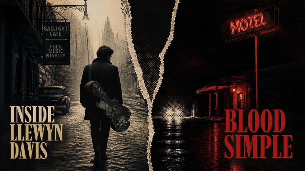 Split movie poster: man with guitar walks down rainy street beside INSIDE LLEWYN DAVIS; red neon MOTEL and BLOOD SIMPLE.
