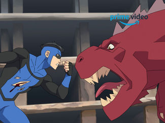Hero in blue suit faces off with a red dinosaur in an arena. The hero stands with a clenched fist, ready to punch. Tense atmosphere.