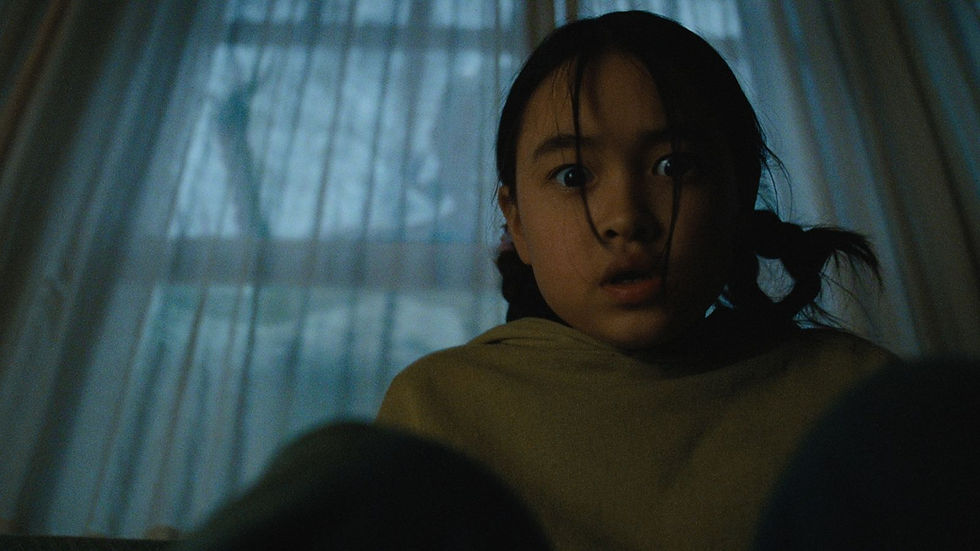 Wide-eyed girl with braided hair in a dim room, staring in fear before a curtained window.