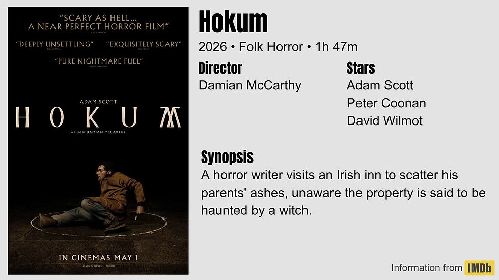 Movie poster for "Hokum." A man sits in a circle on a dark floor. Quotes: "Scary as hell," "Deeply unsettling." Info: Director Damian McCarthy.