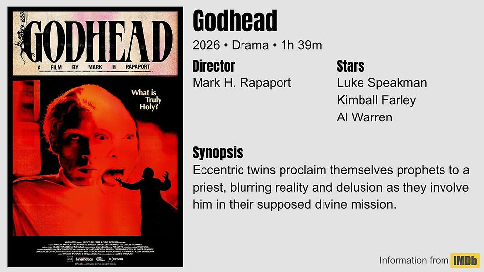 IMDb page for Godhead, showing a red movie poster with twin faces and a silhouetted figure; text lists 2026 drama by Mark H. Rapaport