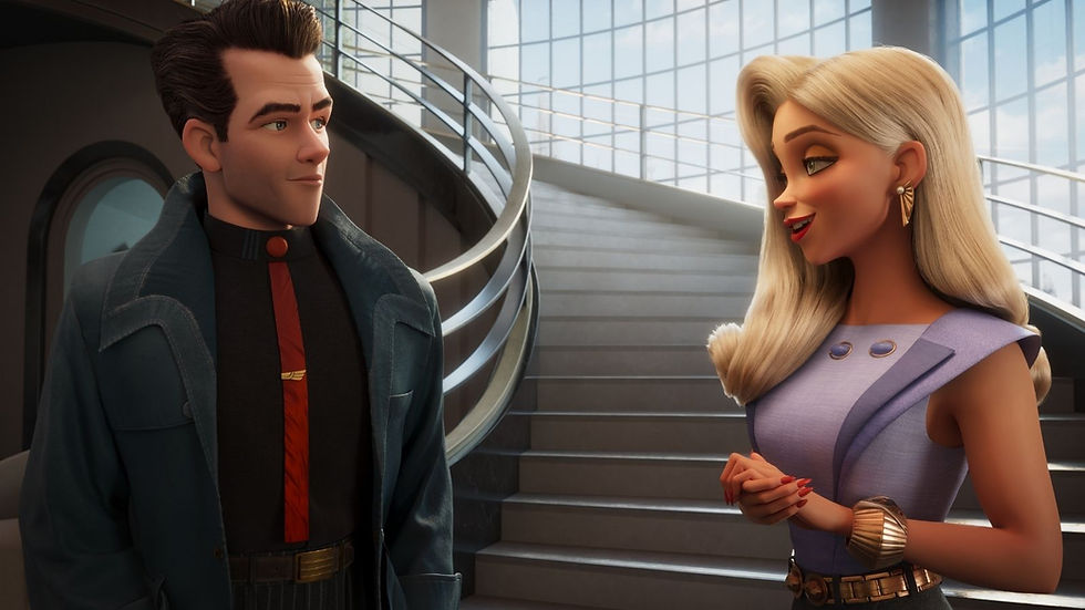 Ray Gunn (2026): Ray Gunn, voiced by Sam Rockwell and Venus Nova, voiced by Scarlett Johansson, having a conversation in Netflix animation Ray Gunn.