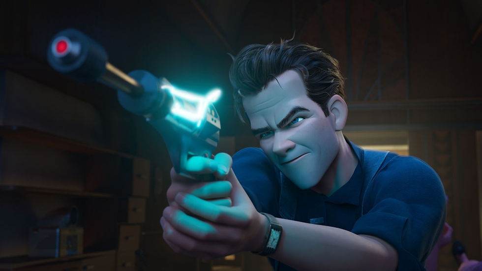 Ray Gunn (2026): Private eye Raymond Gunn voiced by Sam Rockwell pointing a weapon in Netflix animation Ray Gunn.