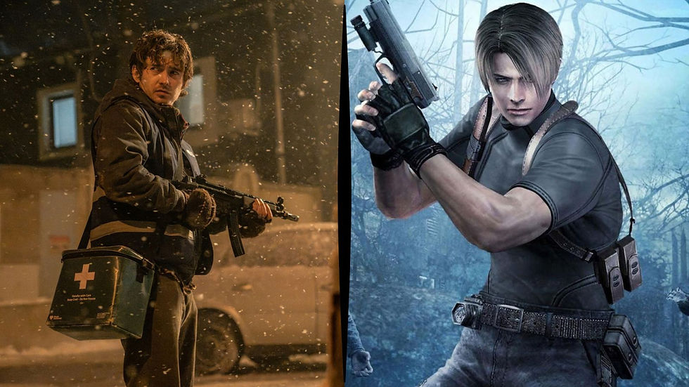 Split image: live-action man in falling snow with rifle and medical bag, beside a game character aiming a pistol in a blue forest