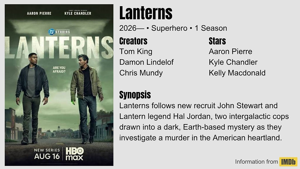 Poster for Lanterns shows two men walking through a foggy town, with tense greenish tones and text: New series Aug 16, HBO Max.