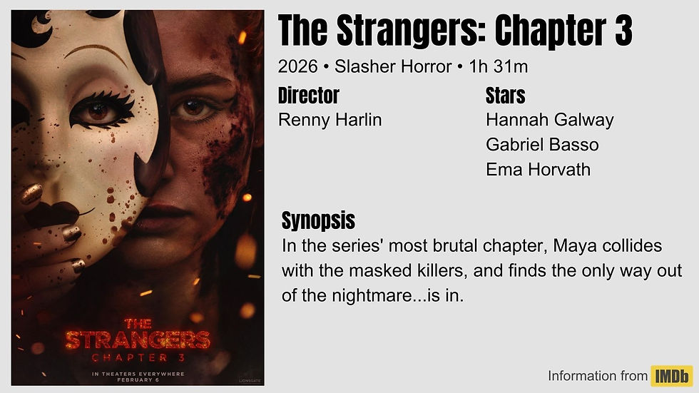 Half-masked face in fiery tones, "The Strangers: Chapter 3" text, horror film details with director Renny Harlin. Mood: intense, ominous.
