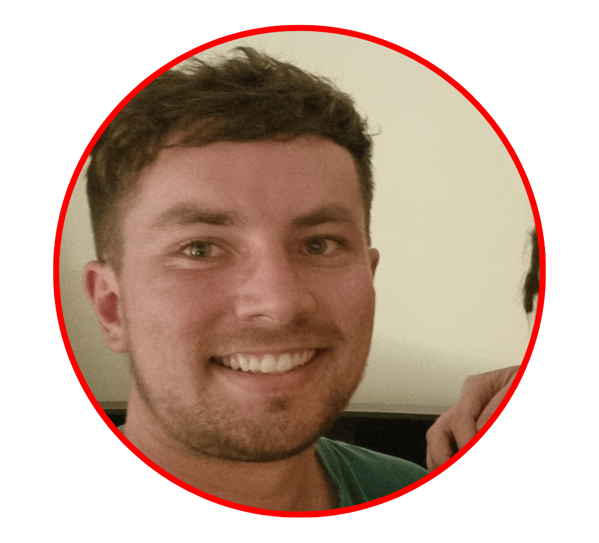 Smiling young man in a red-outlined circle on green background, with another person partly visible at right.