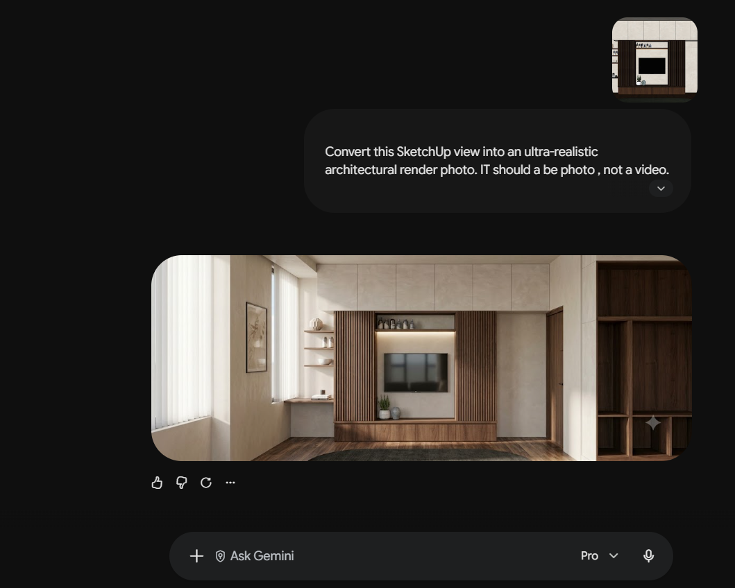Reethu uses Gemini AI to transform unrendered images into photorealistic renders without heavy system lag.
