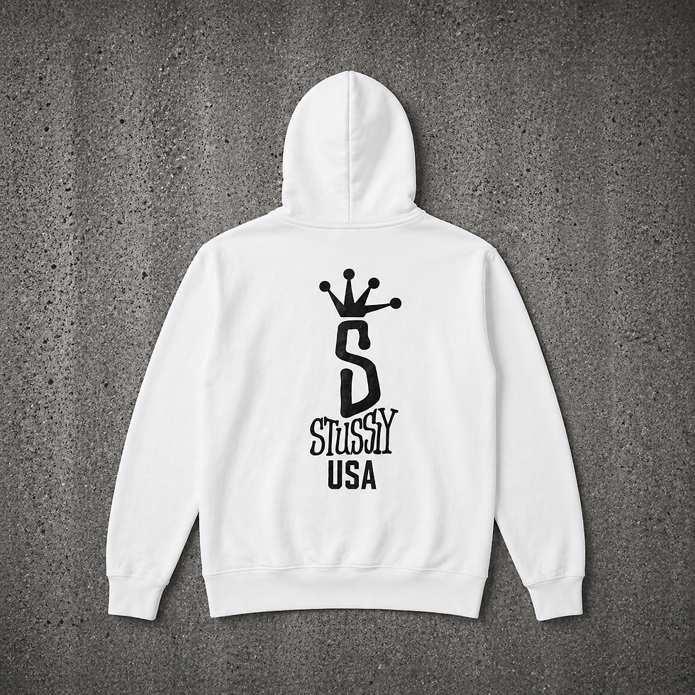 Buzo Stüssy blanco espalda streetwear Uruguay