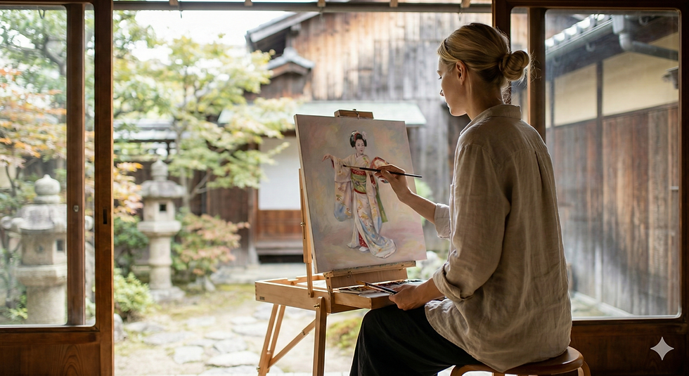 An artist creating a painting of a geisha.