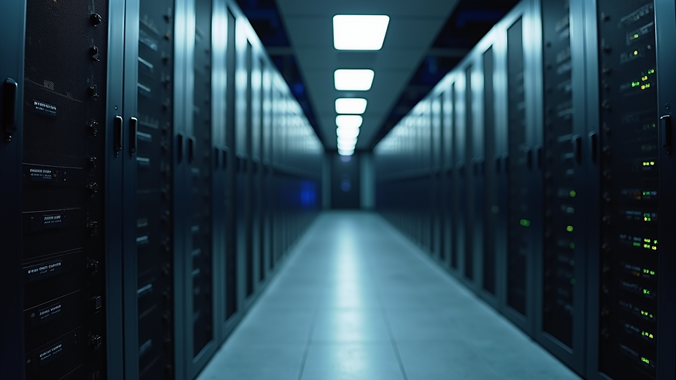 Eye-level view of server room with network equipment