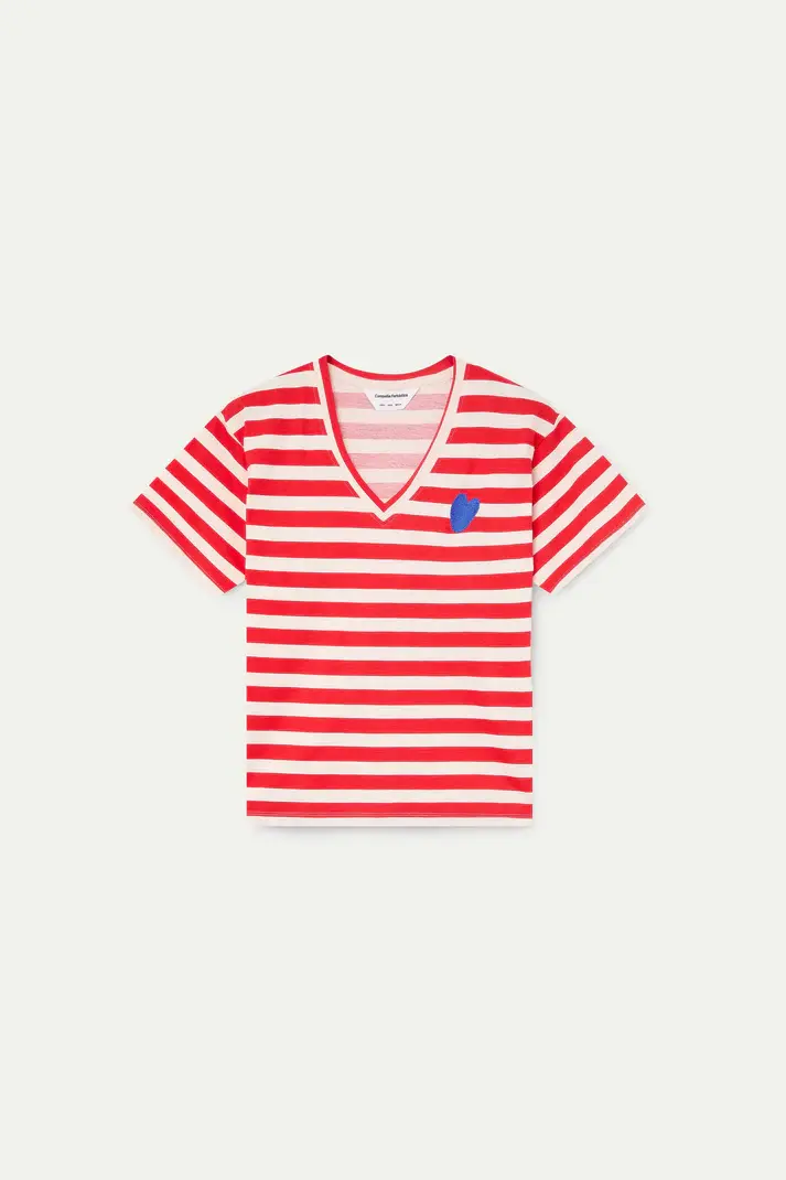 Miniatura: CAMISETA CON ESTAMPADO DE RAYAS ROJAS CON BORDADO DE CORAZÓN 42017