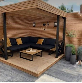 Ensemble cabane extérieur | canapé d'angle, table, sol, toit façade 