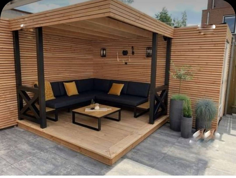 Ensemble cabane extérieur | canapé d'angle, table, sol, toit façade 