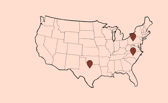 United States Map Outline | Texas, NC, and Pennsylvania has pointers to show where the Kala Foundation is.