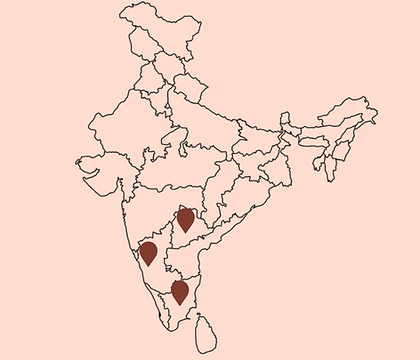 India Map Outline | Pointers at South India locations to showcase where Kala sources are located.