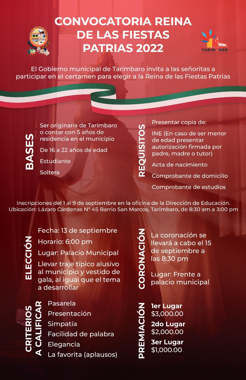 Convoca Gobierno de Tarímbaro a participar para Reina de las Fiestas Patrias 2022