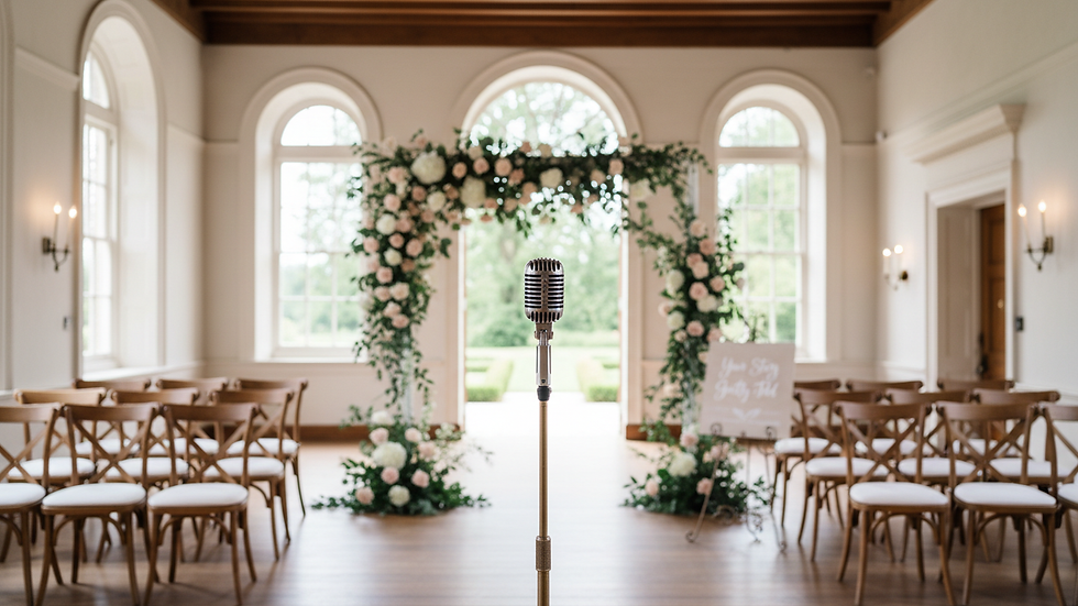 Eye-level view of a microphone on a stand at a wedding venue
