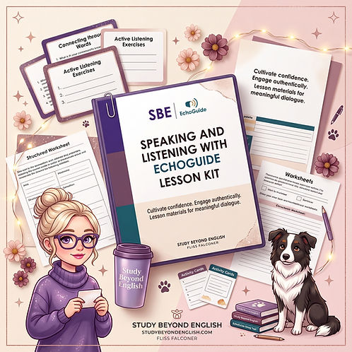 An AI-generated illustrative graphic for the Speaking and Listening with EchoGuide Lesson Kit, showing accessible worksheets and calm speaking practice