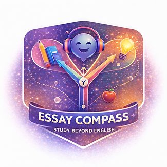 Essay Compass' logo of purple and yellow with an emoji wearing headphones