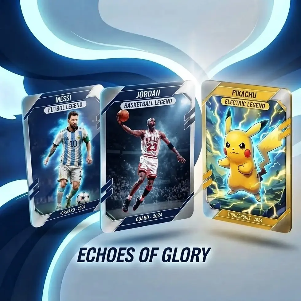 Digital illustration featuring three legendary trading cards: Messi, Michael Jordan, and Pikachu. The graphic evokes a sense of iconic status and achievement.