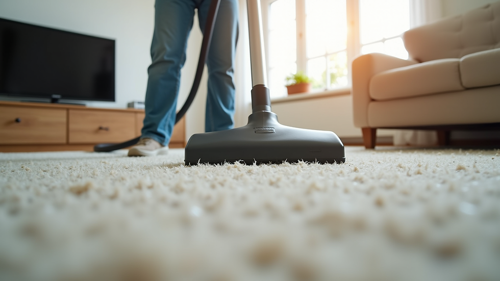 Eye-level view of a professional cleaner vacuuming a carpet in a bright living room