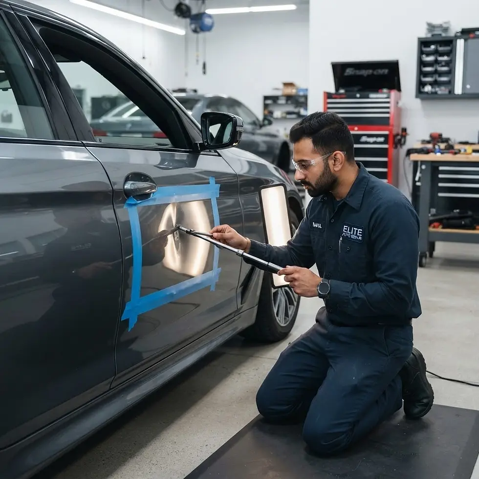 Studio photography of a mechanic using specialized tools to repair a dent on a car door in a clean workshop.