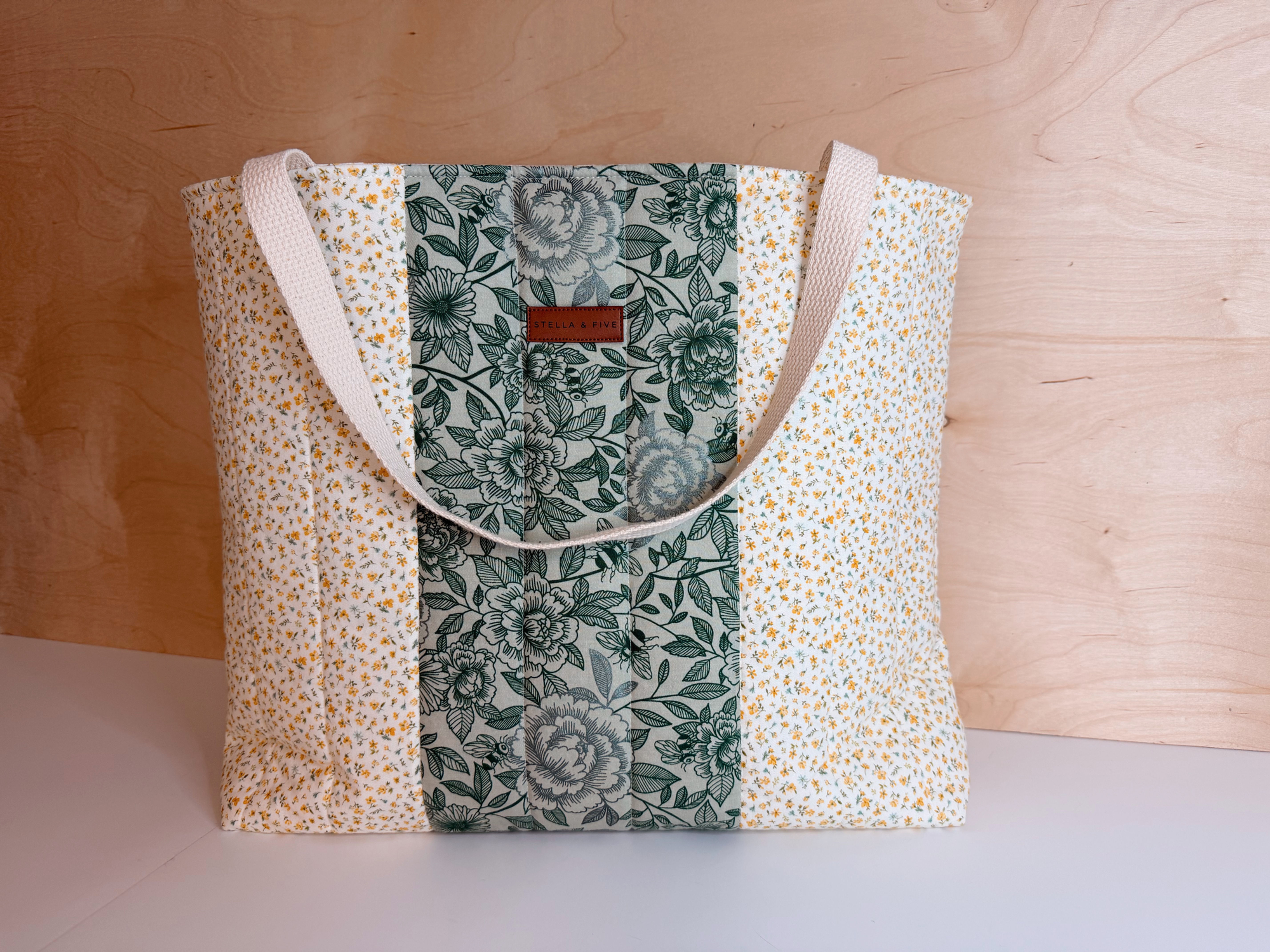 Large Quilted Tri-Patterned Green & Yellow Floral Tote Bag - drink pocket
