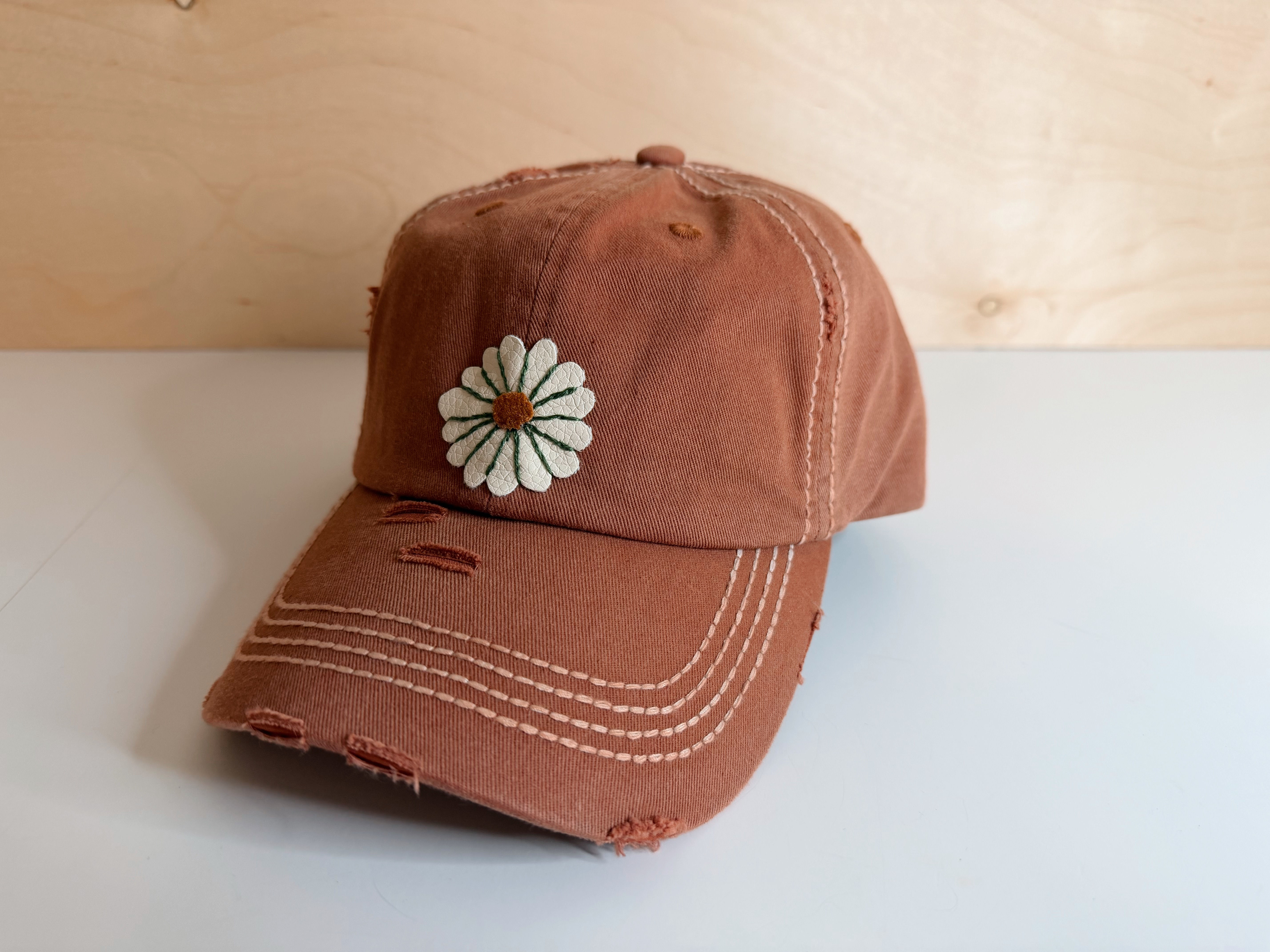 Tattered Cinnamon Orange Daisy Hand Embroidered Hat