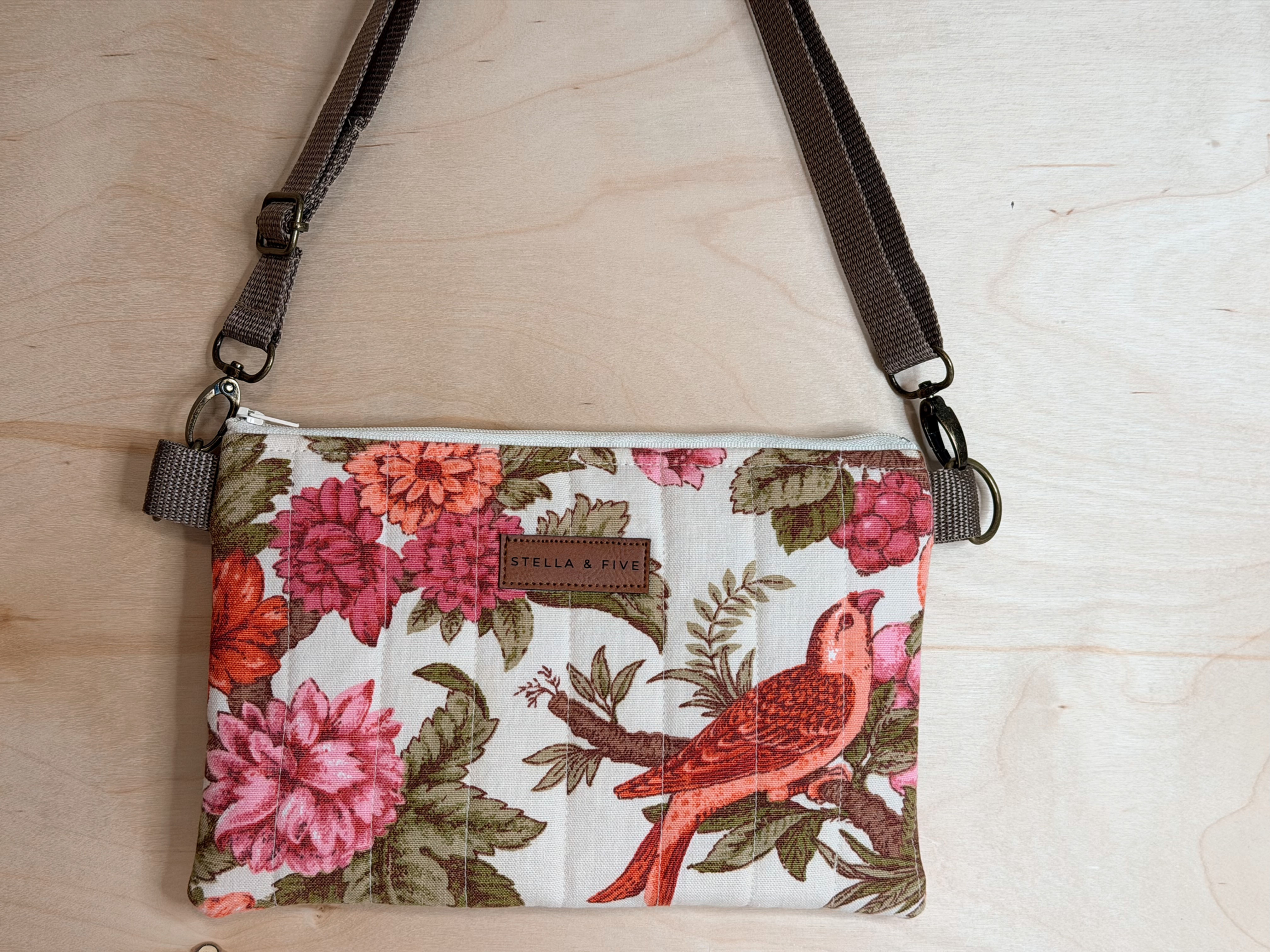 Vintage Quilted Pink Floral Bird Pocket Bag - Crossbody Bag Fanny