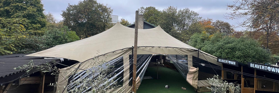 custom chino stretch tent for beer garden, with canvas window side walls