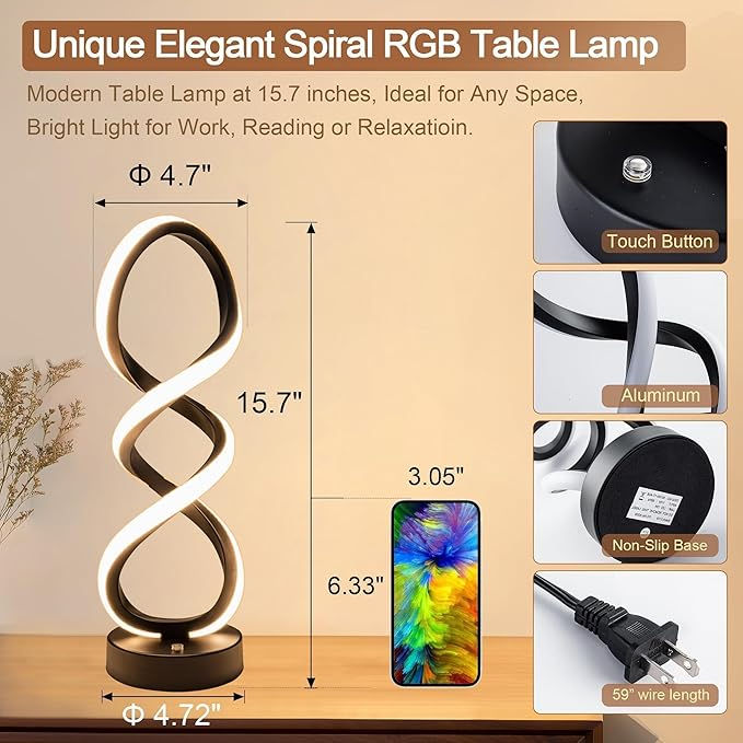 Thumbnail: Adebime Modern Spiral RGB Table Lamp , 7 Colors 10 Light Modes
