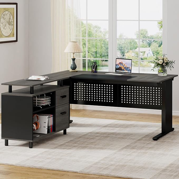 Tribesigns 63 Inch Executive Desk with File Cabinet , White and Walnut