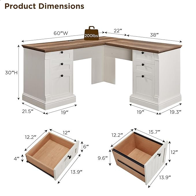 Thumbnail: OKD 60" L Shaped Executive Desk with Drawers , Antique White