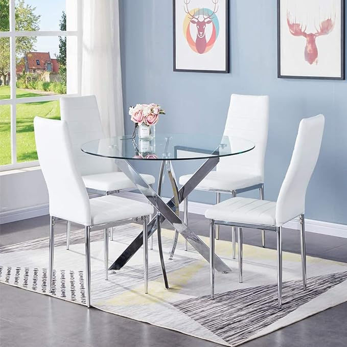 Thumbnail: Round Tempered Glass Dining Table for 2-4 with Chromed Legs, 31.5