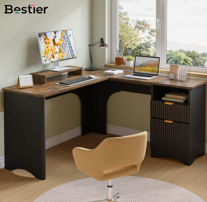 Thumbnail: Bestier 55.7" x 55" L Shaped Desk with Drawers & File Cabinet , Black + Rustic B