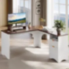 Bestier 55.7" x 55" L Shaped Desk with Drawers & File Cabinet , White & Walnut