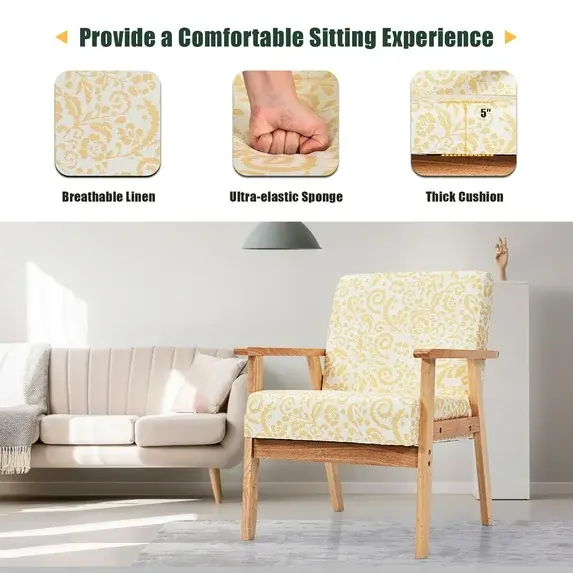 Thumbnail: Costway Modern Accent Armchair Wood Leg Yellow Floral