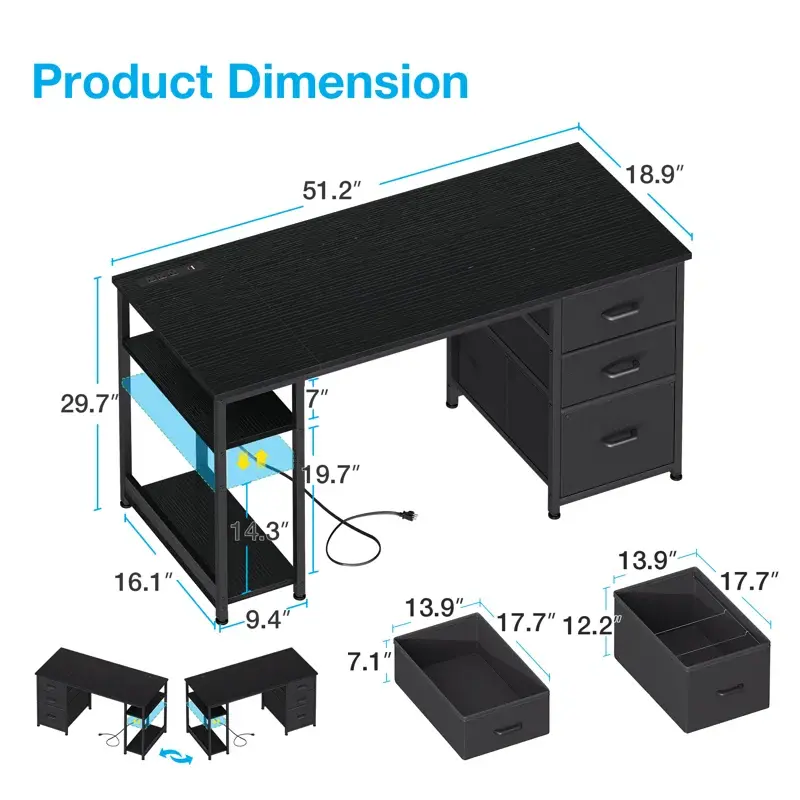 Thumbnail: Computer Desk With Recessed Outlets,Home Office Desk With 3 fabric Drawers, Writ