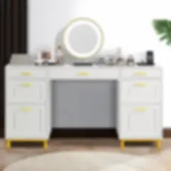 DreamCurship 57" Executive Desk with 7 Drawers, White and Gold