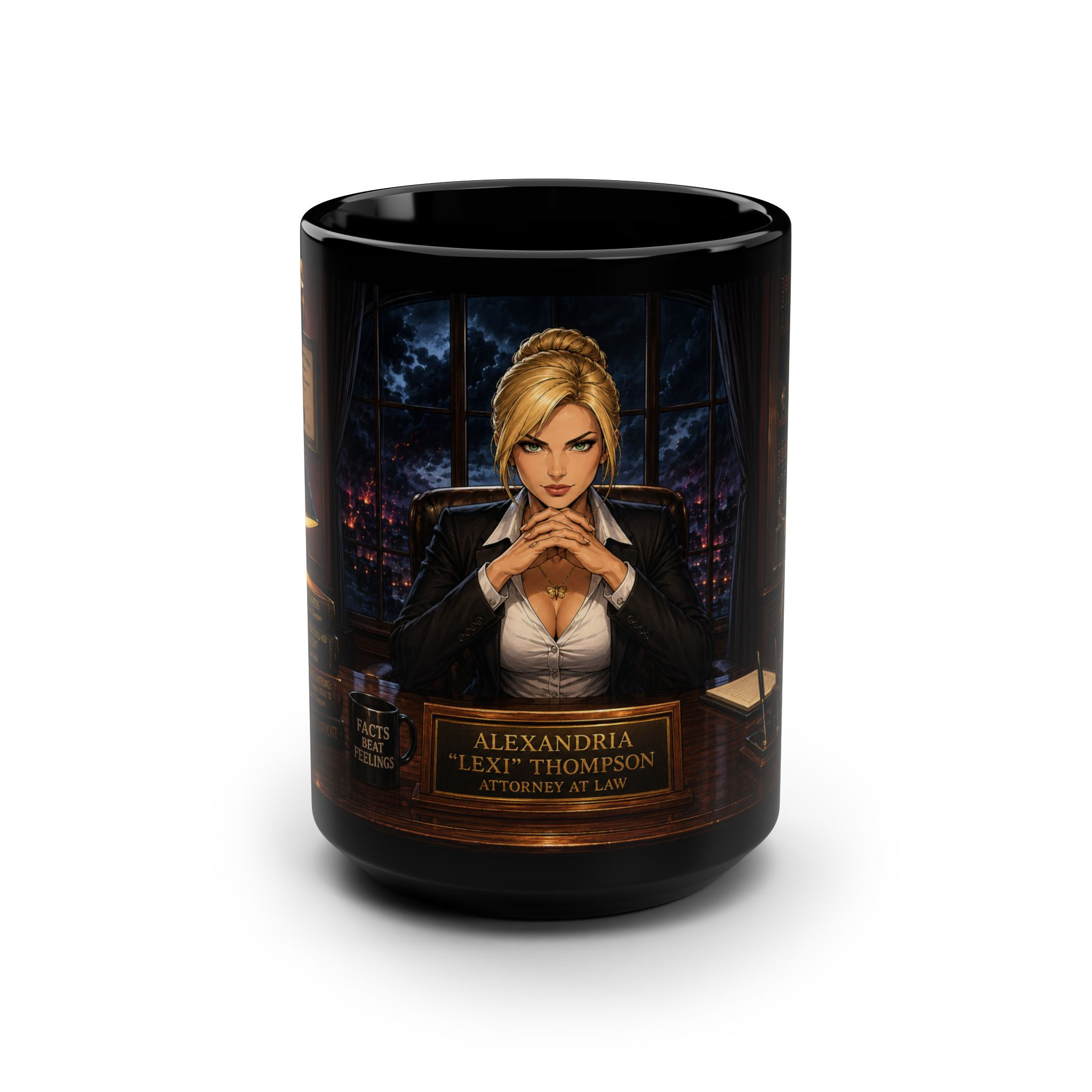 15oz Black Mug — Alexandria “Lexi” Thompson Lawyer Office Illustration