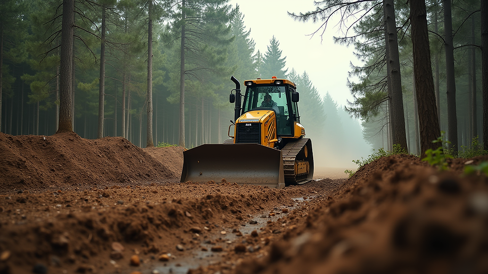 Eye-level view of bulldozer clearing a wooded lot