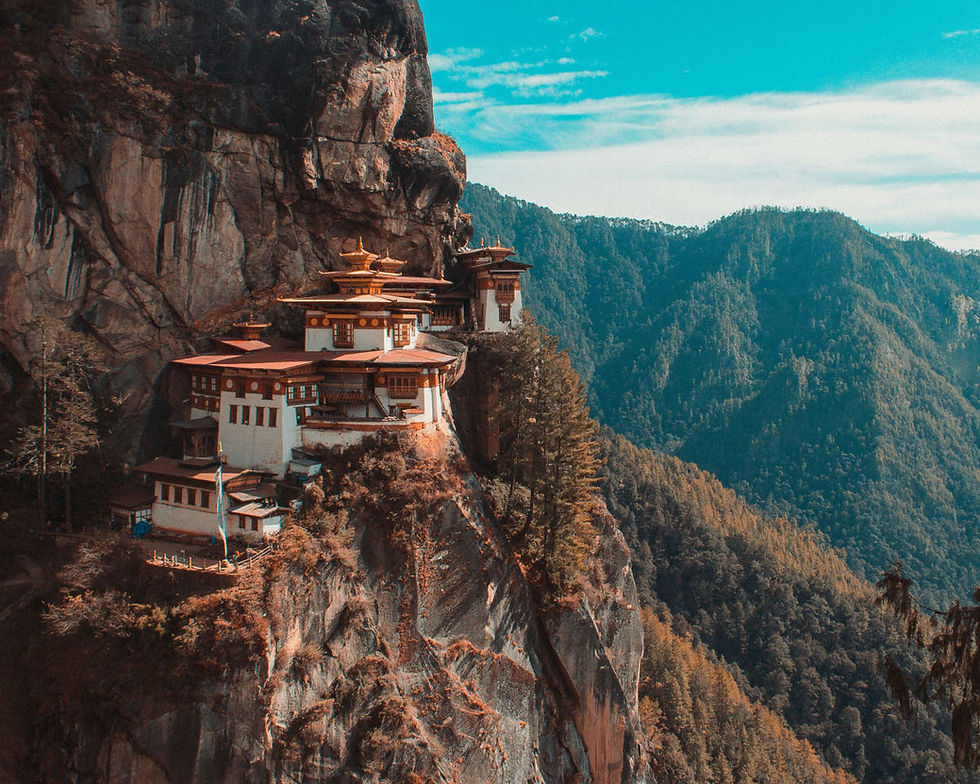 Paro Taktsang (Tiger's Nest Monastery) perched on a steep granite cliff in Paro, Bhutan.