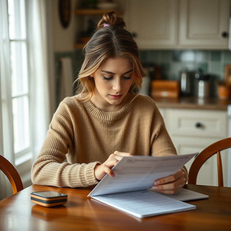 woman looking down and paycheck