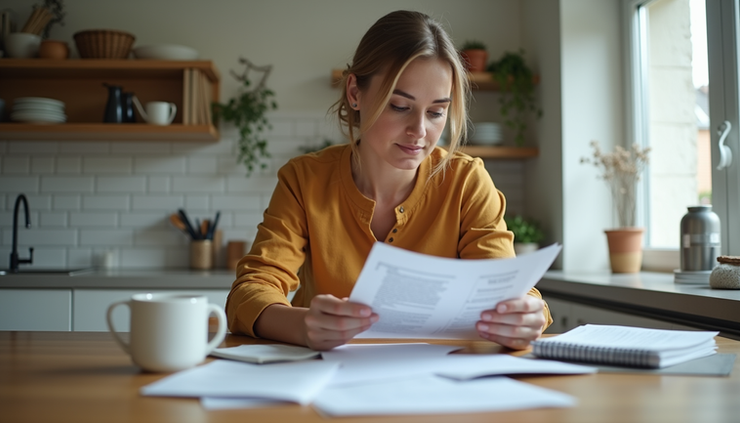 Eye-level view of a woman reviewing bills and budgeting at a kitchen table