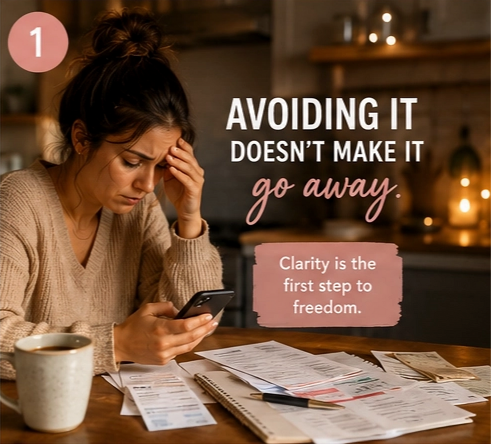Overwhelmed mom sitting at a kitchen table surrounded by bills while looking anxiously at her phone and avoiding bank notifications.