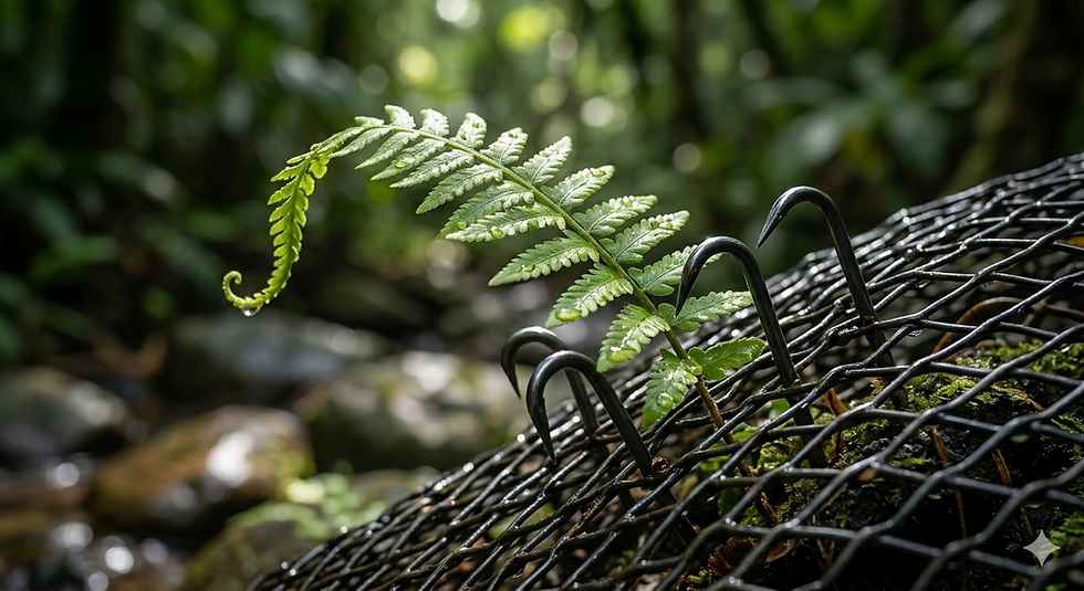 In a lush rainforest setting, related conceptually to the previous scene, a native Jamaican fern frond is struggling to unfurl, its growth restricted by cold, sterile, metallic-black, sterile-looking hooks that visually match a modern construction aesthetic.