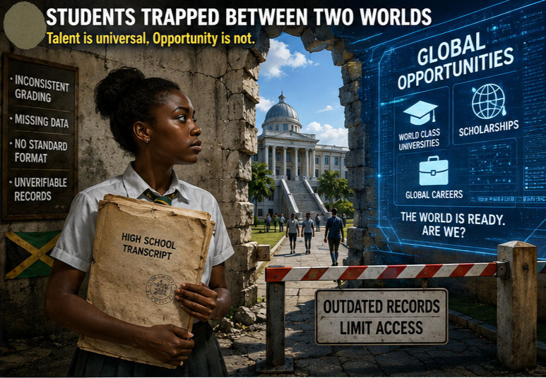 Talented Caribbean students attempting to enter a sleek global educational future while burdened by outdated paper transcripts and fragmented record systems.