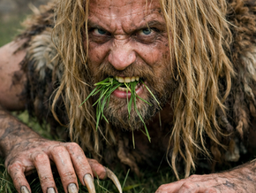 An image of Nebuchadnezzar : blond haired, eating Tehrani grass, with long claws for fingernails, and seeming unhinged.