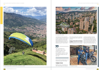 Guidebook spread from “Jeff & Alan’s Guide to Motorcycle Travel in Colombia” showing paragliding and off-road motorcycle riding in Colombia.